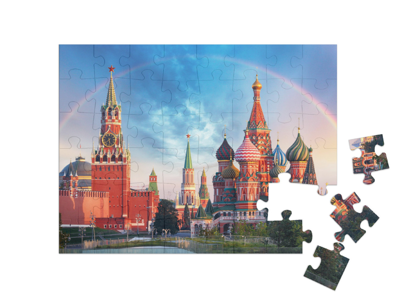 Puzzle de 48 pièces « Vue panoramique de la Place Rouge avec le Kremlin de Moscou et l'arc-en-ciel »