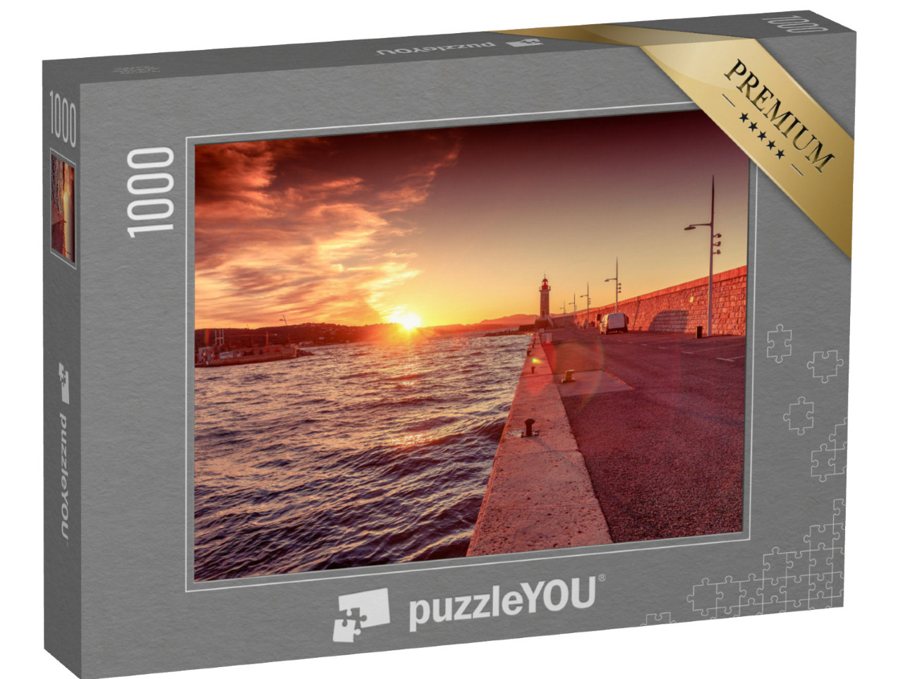 Puzzle de 1000 pièces « Coucher de soleil lumineux et coloré, phare de Saint-Tropez, France, Cote d Azur, Provence »