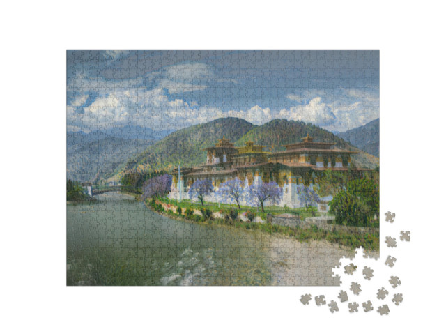 Puzzle de 1000 pièces « dans le style artistique de Claude Monet - Punakha Dzong à Punakha, Bhoutan »