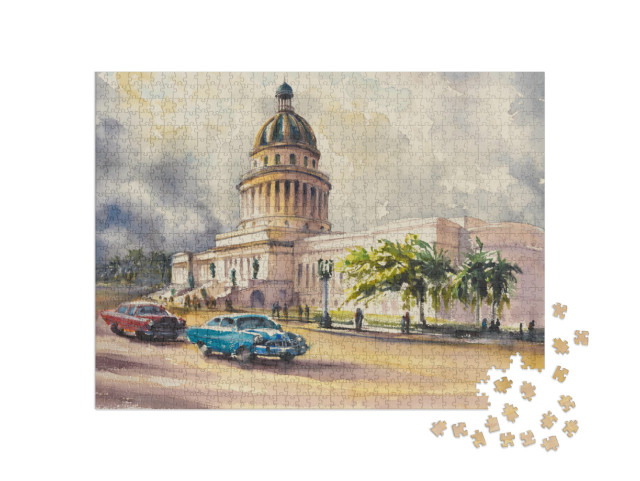 Puzzle de 1000 pièces « Vieilles voitures américaines devant le Capitole, La Havane, Cuba »