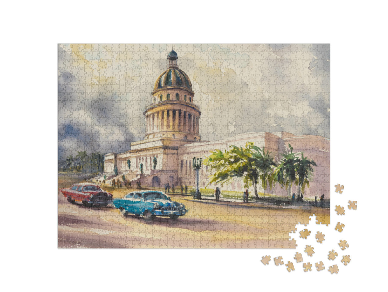 Puzzle de 1000 pièces « Vieilles voitures américaines devant le Capitole, La Havane, Cuba »