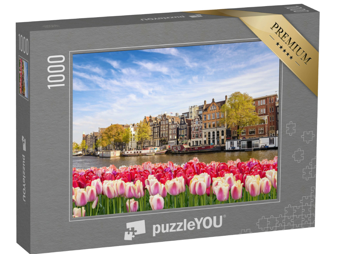 Puzzle de 1000 pièces « Silhouette de la ville d'Amsterdam avec des tulipes printanières, Pays-Bas »