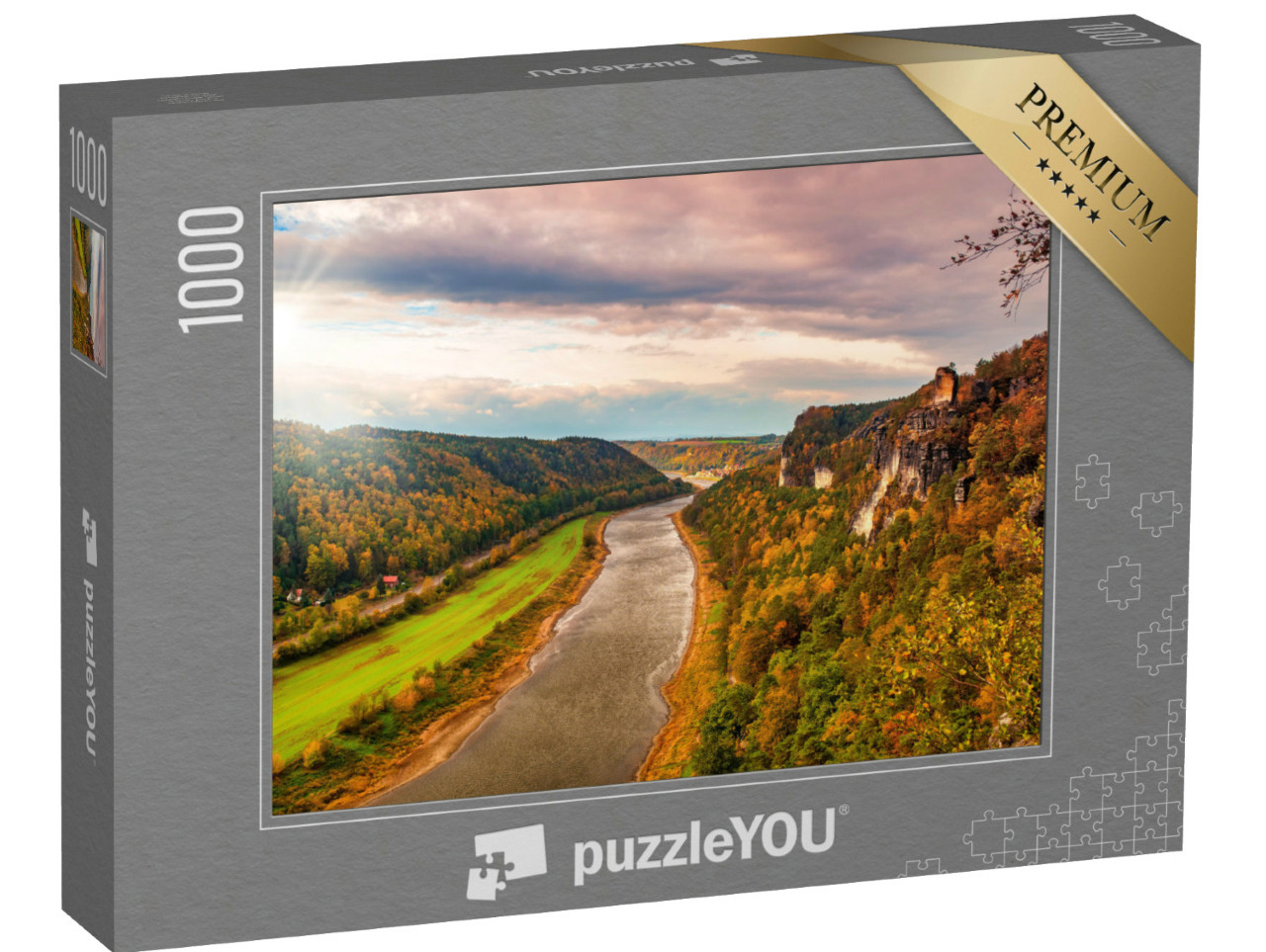 Puzzle de 1000 pièces « Vallée de l'Elbe près de la station thermale de Rathen, Saxe, Elbsandsteingebirge »