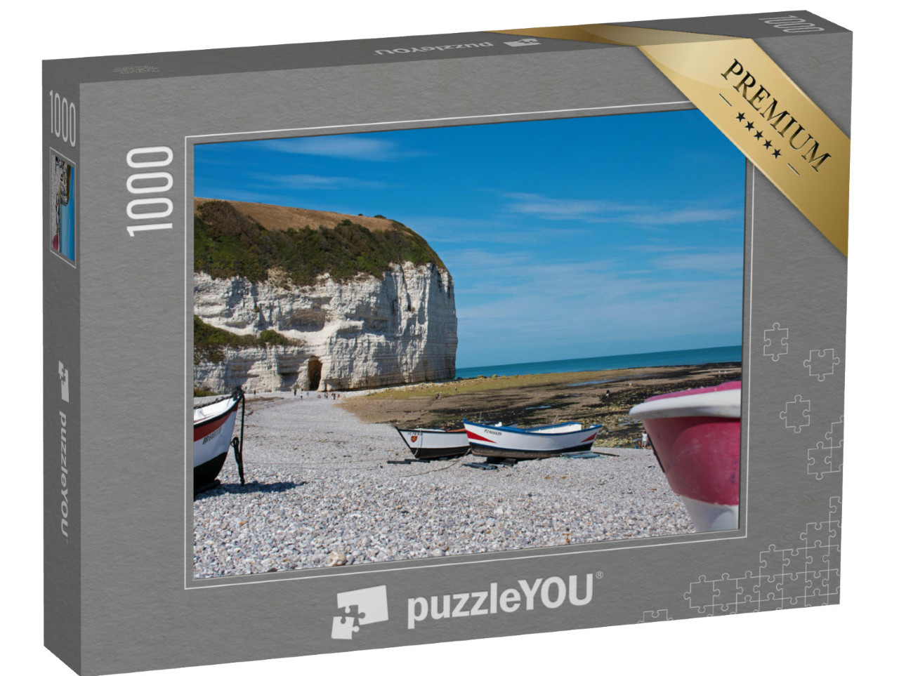 Puzzle de 1000 pièces « Yport Plage avec des bateaux de pêche, promenade sur la plage de galets avec vue sur la Falaise d'Aval »