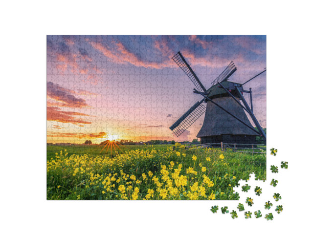 Puzzle de 1000 pièces « Moulin à eau à pales dans un champ en Frise orientale, Allemagne du Nord »