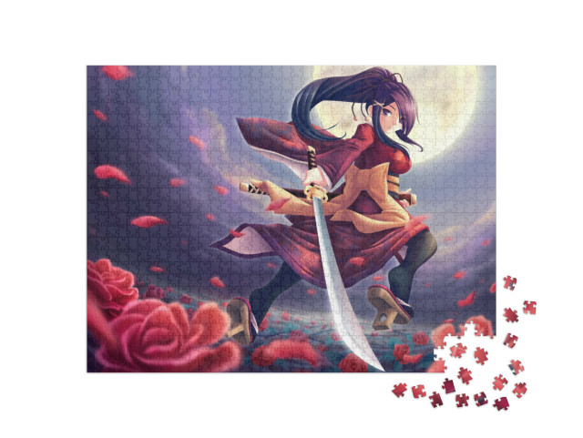 Puzzle de 1000 pièces « Samouraï à la rose : une fille dans le style de l'anime »