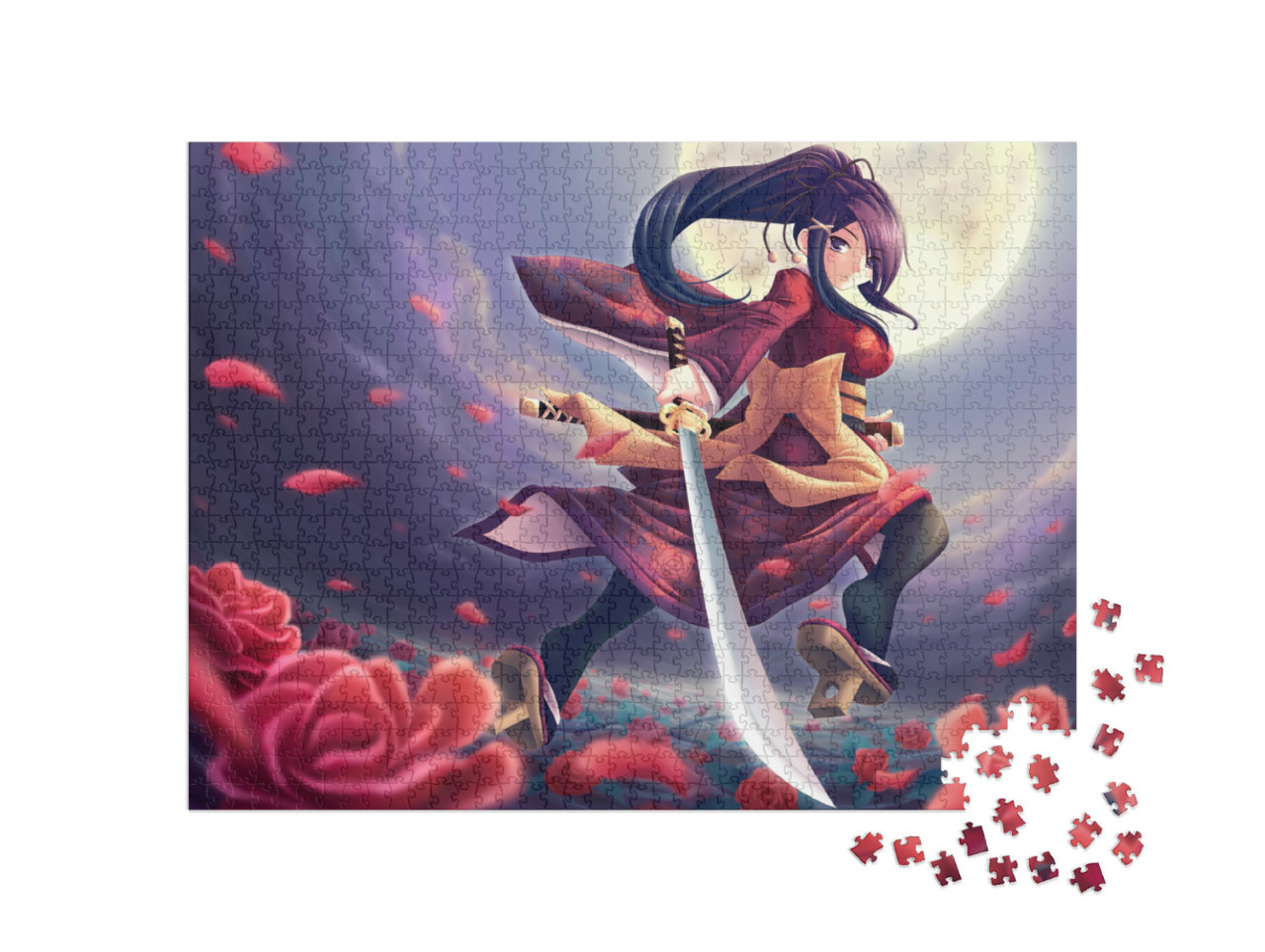 Puzzle de 1000 pièces « Samouraï à la rose : une fille dans le style de l'anime »