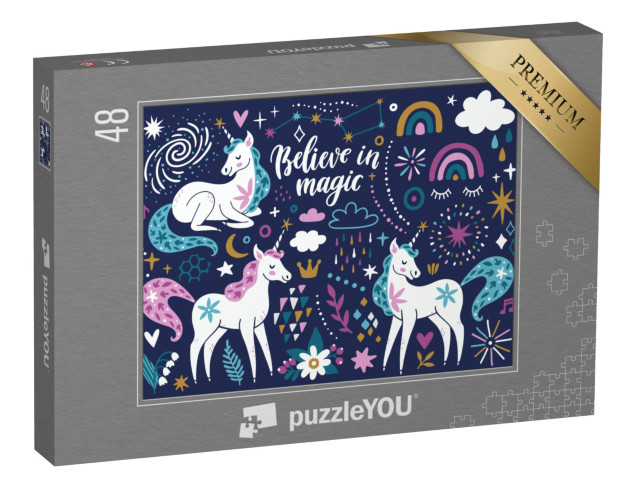 Puzzle de 48 pièces « Licornes, arcs-en-ciel, nuages, fleurs, étoiles et étincelles »