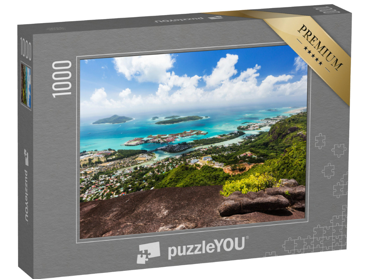 Puzzle de 1000 pièces « Vue du Mont Copolia et de ses rochers de granit sur la capitale Victoria, Seychelles »