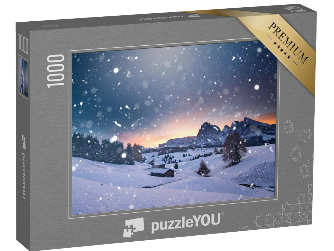 Puzzle de 1000 pièces « Petit refuge hivernal au coucher de soleil magique, Alpe de Siusi, Italie »