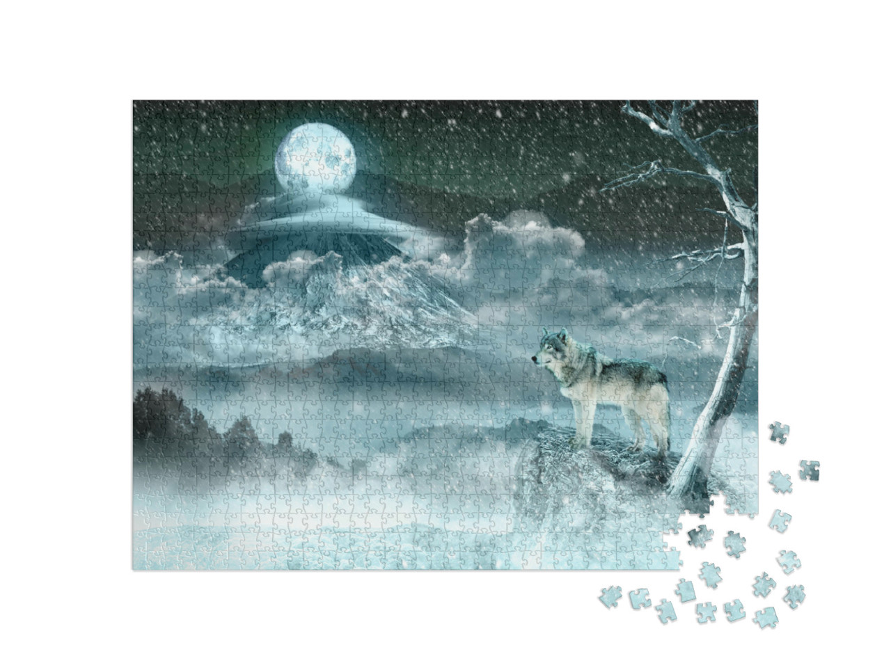 Puzzle de 1000 pièces « Loup lunaire dans un paysage hivernal blanc »