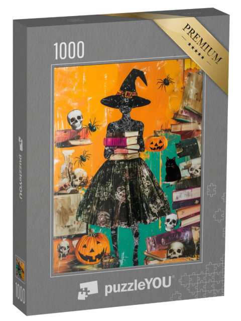 Puzzle de 1000 pièces « Sorcière entre livres et têtes de mort »