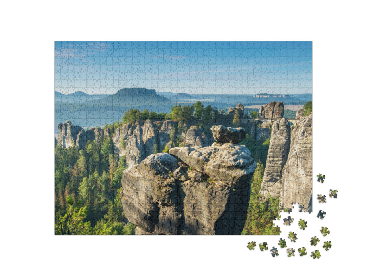 Puzzle de 1000 pièces « Pont de Bastei et formations rocheuses dans la vallée de l'Elbe, Parc national de la Suisse saxonne »