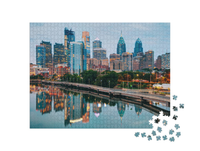Puzzle de 1000 pièces « Skyline de Philadelphie de nuit avec la rivière Schuylkill »
