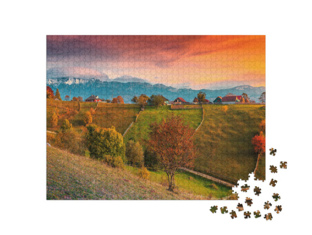 Puzzle de 1000 pièces « Paysage d'automne avec montagnes, Magura, Transylvanie, Roumanie »