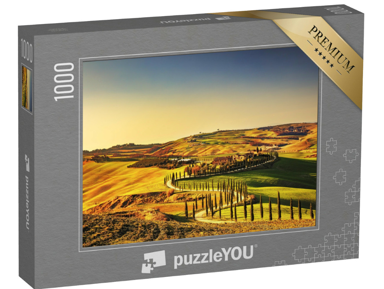 Puzzle de 1000 pièces « Coucher de soleil sur la Toscane avec des cyprès, Italie »