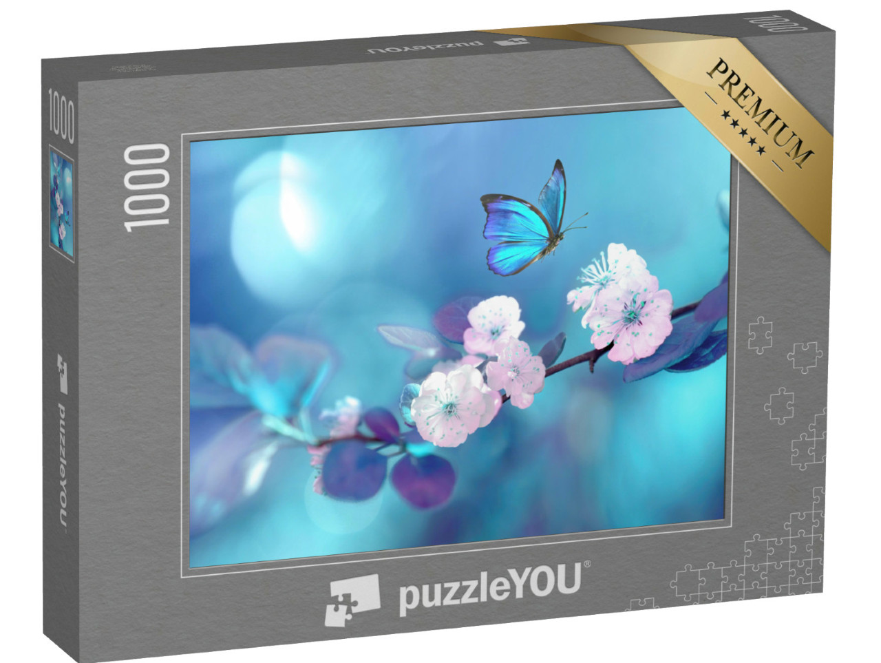 Puzzle de 1000 pièces « Papillon bleu en vol au-dessus d'une branche d'abricotier en fleurs »