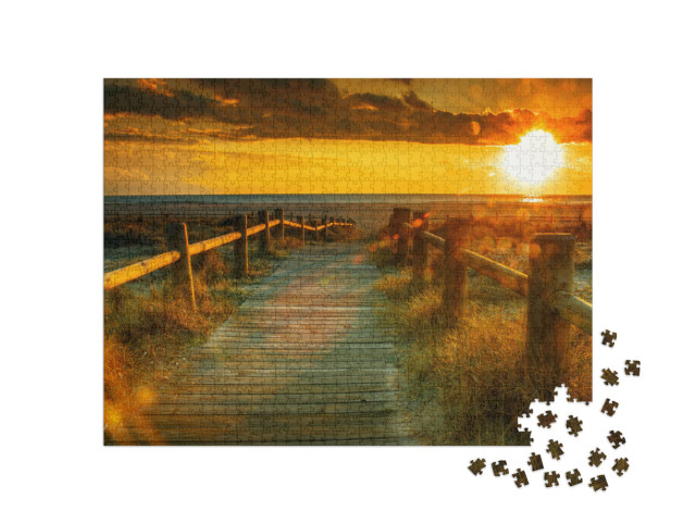 Puzzle de 1000 pièces « Passerelle en bois vers le coucher de soleil sur la plage »