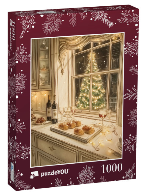 Puzzle de 1000 pièces « Tout s'illumine ! Brioches à la cannelle et vin la veille de Noël »