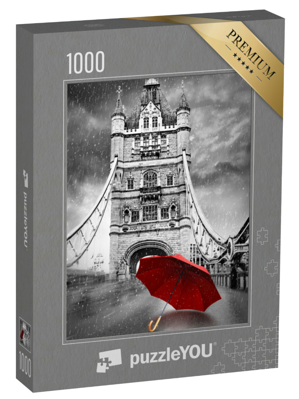 Puzzle de 1000 pièces « Parapluie rouge sur le Tower Bridge à Londres, noir et blanc »