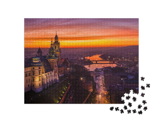 Puzzle de 1000 pièces « Coucher de soleil sur le château de Wawel, Cracovie, Pologne »