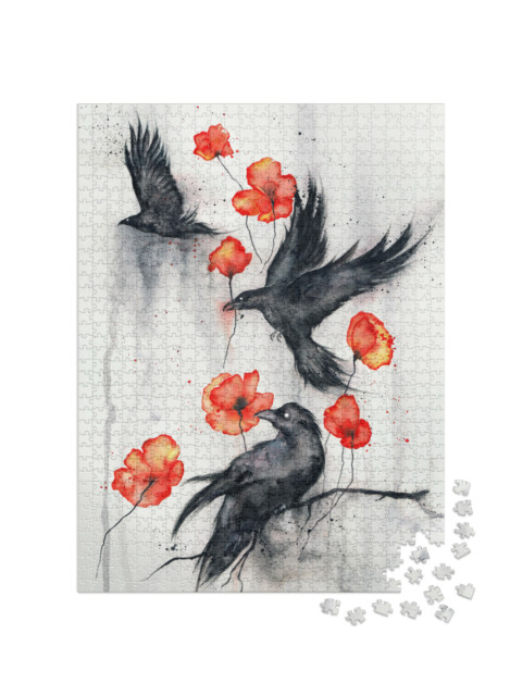 Puzzle de 1000 pièces « Corbeaux noirs aux coquelicots rouges »