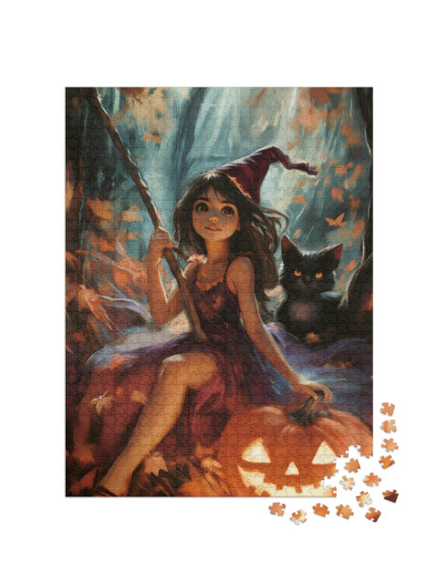 Puzzle de 1000 pièces « Jeune sorcière avec chat noir »
