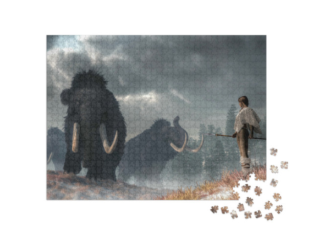 Puzzle de 1000 pièces « Une femme courageuse à la vue de mammouths »