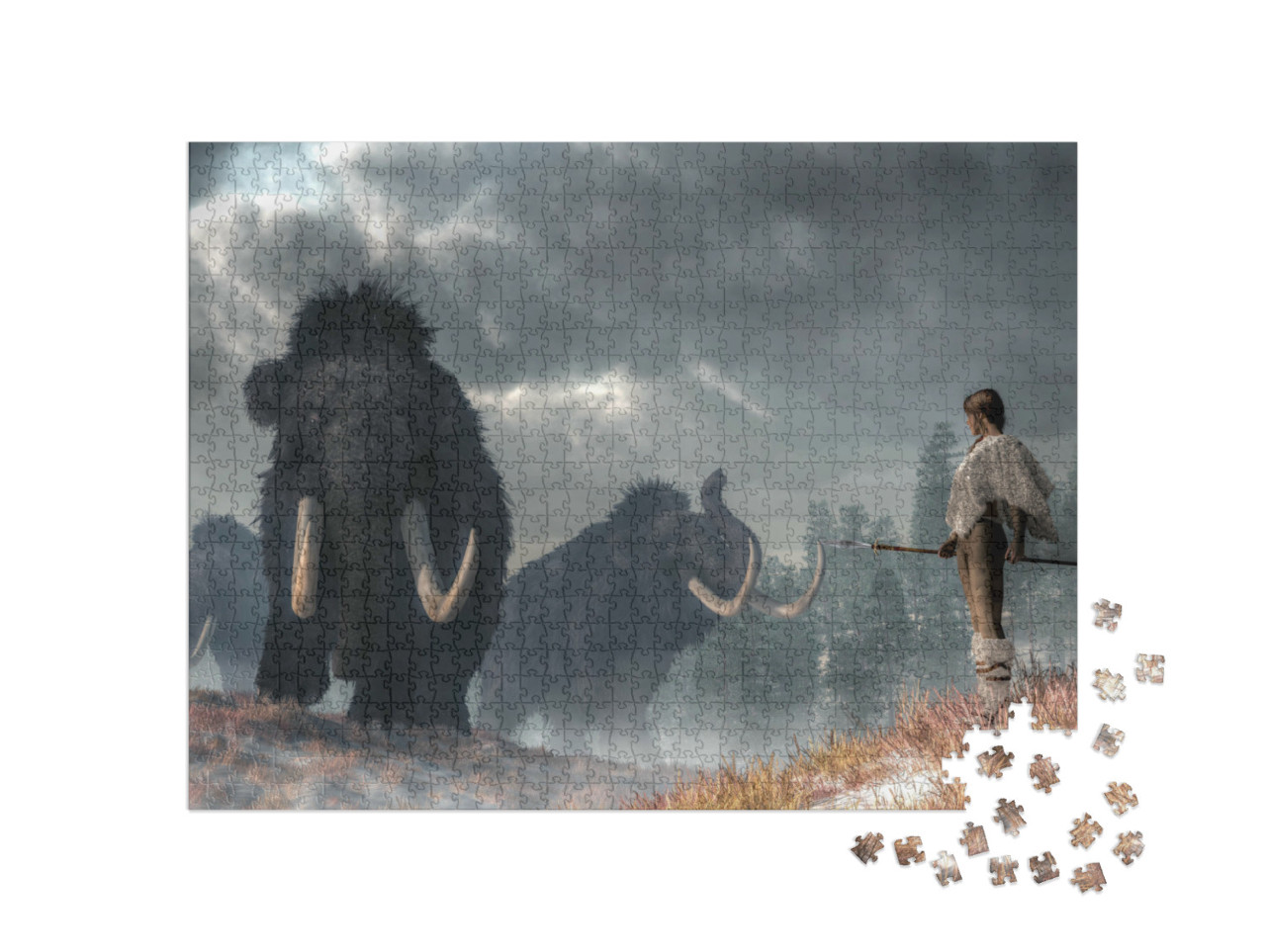 Puzzle de 1000 pièces « Une femme courageuse à la vue de mammouths »