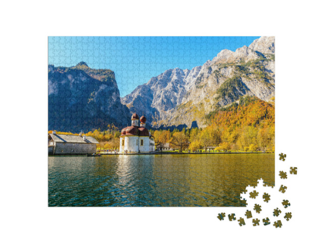 Puzzle de 1000 pièces « Église St. Bartholomäus au lac Königssee en automne, Bavière, Allemagne »