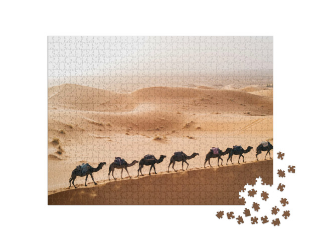 Puzzle de 1000 pièces « Maroc : caravane de chameaux dans le Sahara, le plus grand et le plus chaud désert du monde »