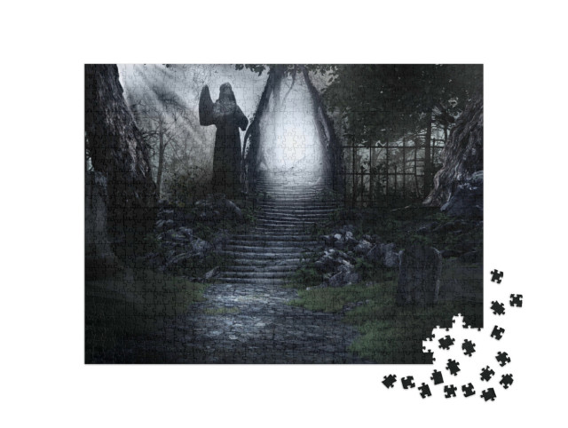 Puzzle de 1000 pièces « Une vieille statue garde l'escalier de pierre »