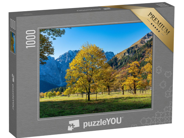 Puzzle de 1000 pièces « Vue d'automne ensoleillée sur les érables de l'Ahornboden, montagnes du Karwendel, Autriche »