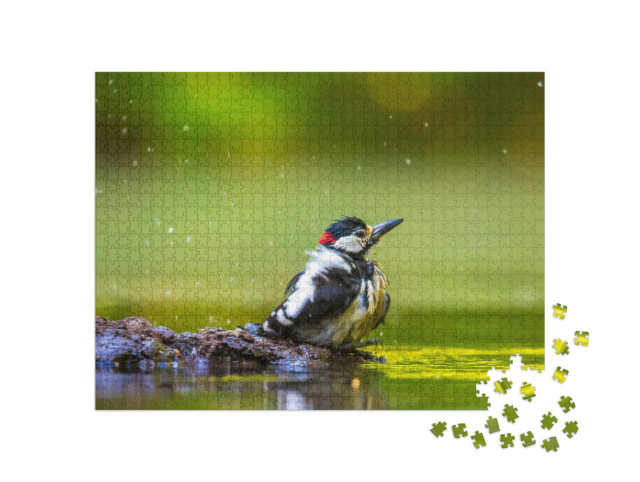 Puzzle de 1000 pièces « Gros plan sur un pic épeiche se baignant dans la forêt »