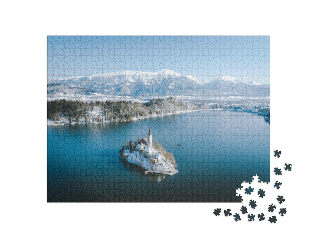 Puzzle de 1000 pièces « Vue panoramique sur le lac de Bled en hiver, Slovénie »