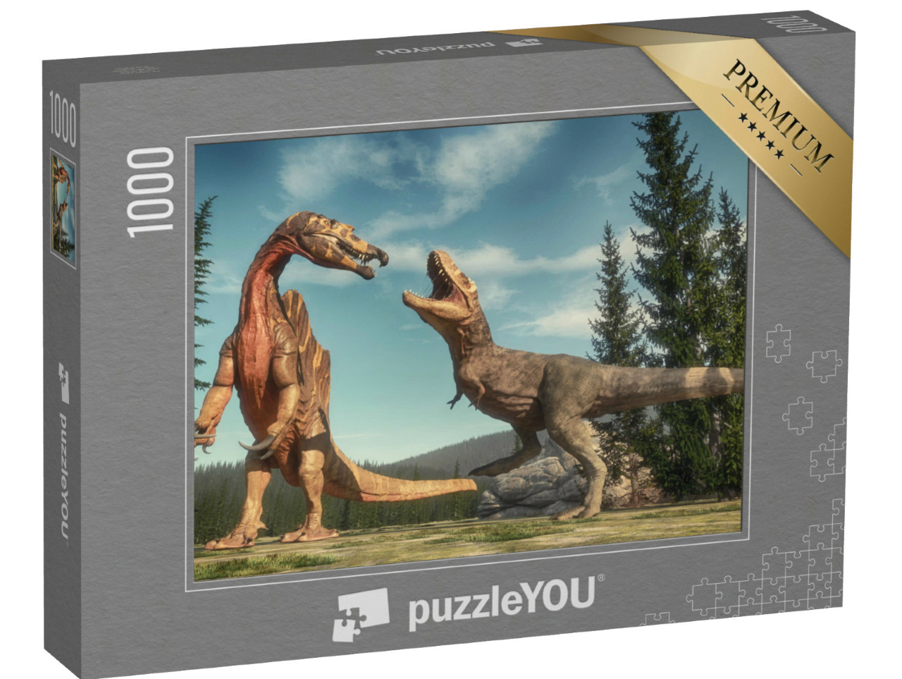 Puzzle de 1000 pièces « Combat entre Spinosaurus et T Rex sur Jurassic Valley »