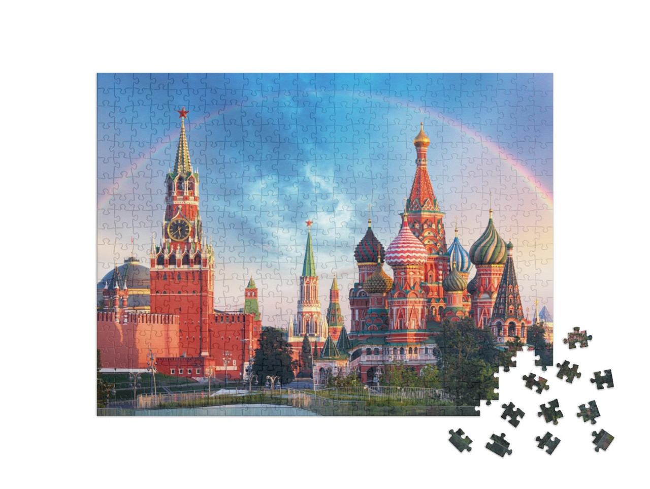 Puzzle de 500 pièces « Vue panoramique de la Place Rouge avec le Kremlin de Moscou et l'arc-en-ciel »