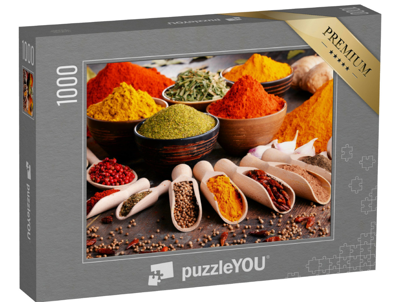 Puzzle de 1000 pièces « Une multitude d'épices et d'herbes aromatiques sur la table de la cuisine »