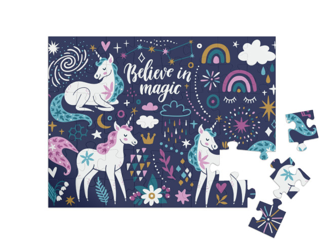 Puzzle de 48 pièces « Licornes, arcs-en-ciel, nuages, fleurs, étoiles et étincelles »