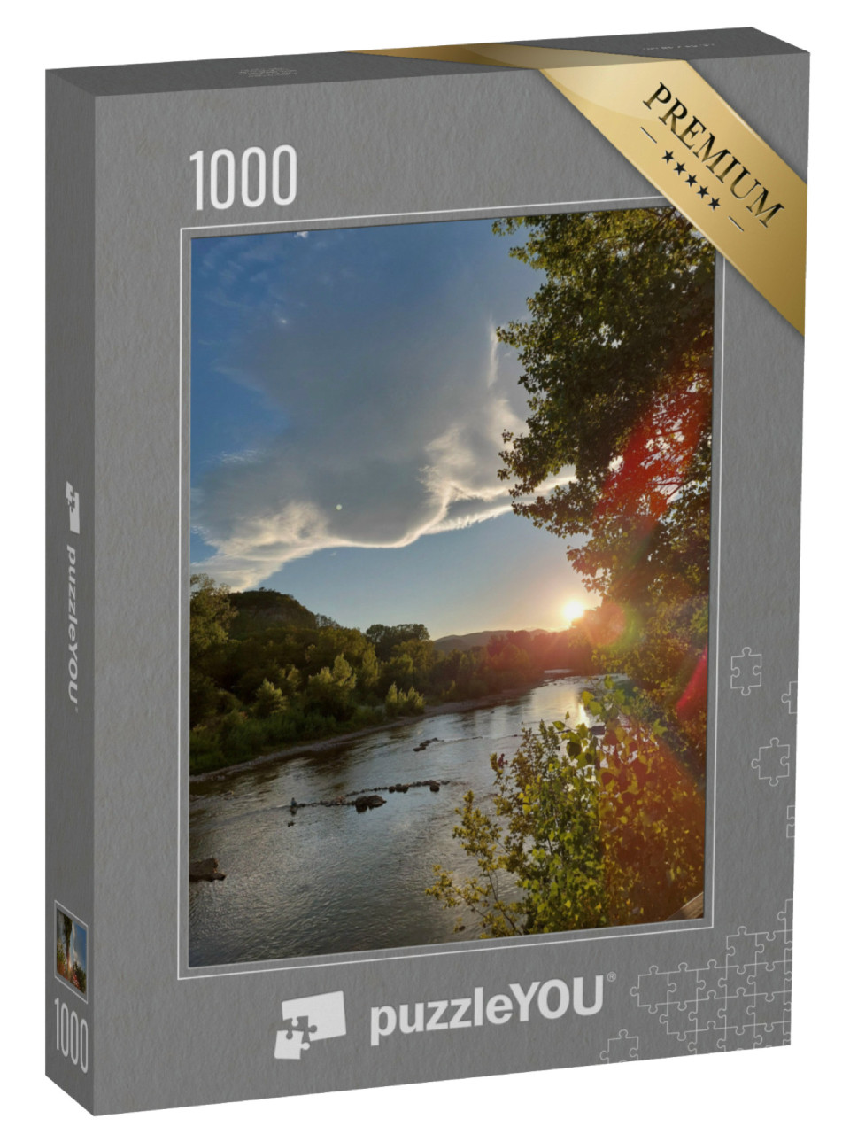 Puzzle de 1000 pièces « Coucher de soleil sur la rivière en Ardèche France. »