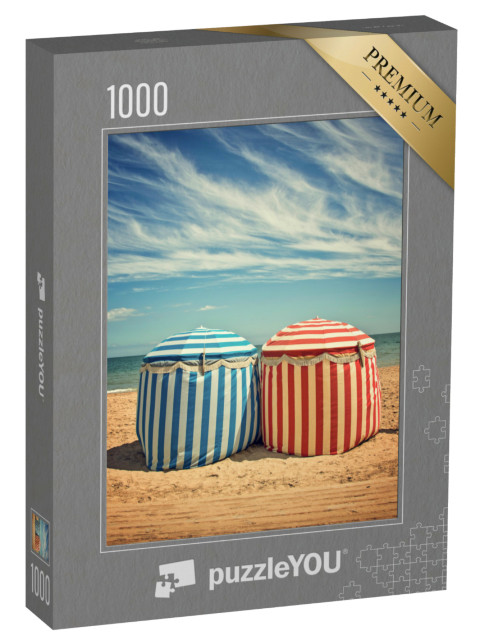 Puzzle de 1000 pièces « Parasols traditionnels à Deauville, processus vintage »
