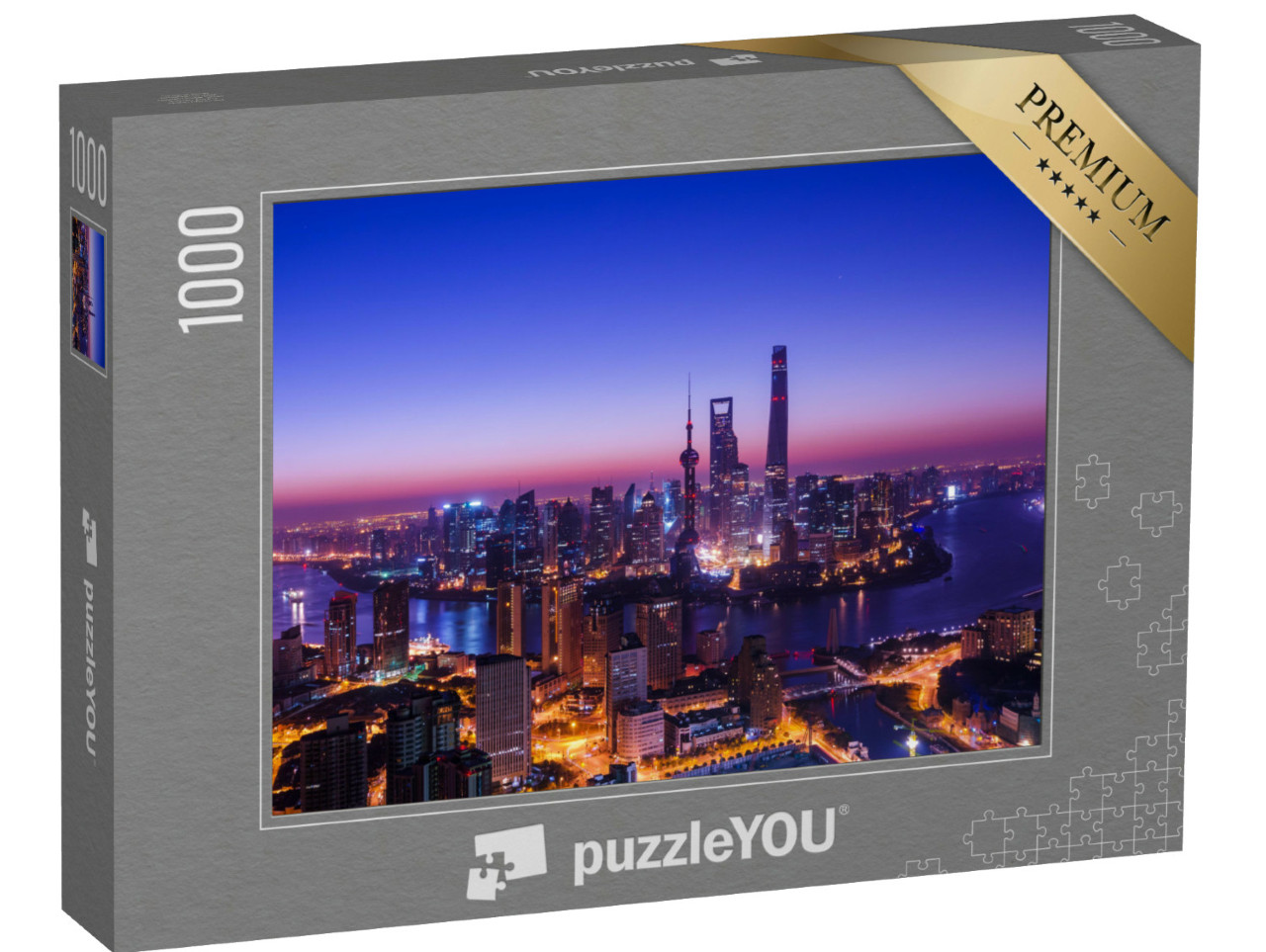 Puzzle de 1000 pièces « Skyline de Shanghai dans la lumière bleue et rouge du soir »