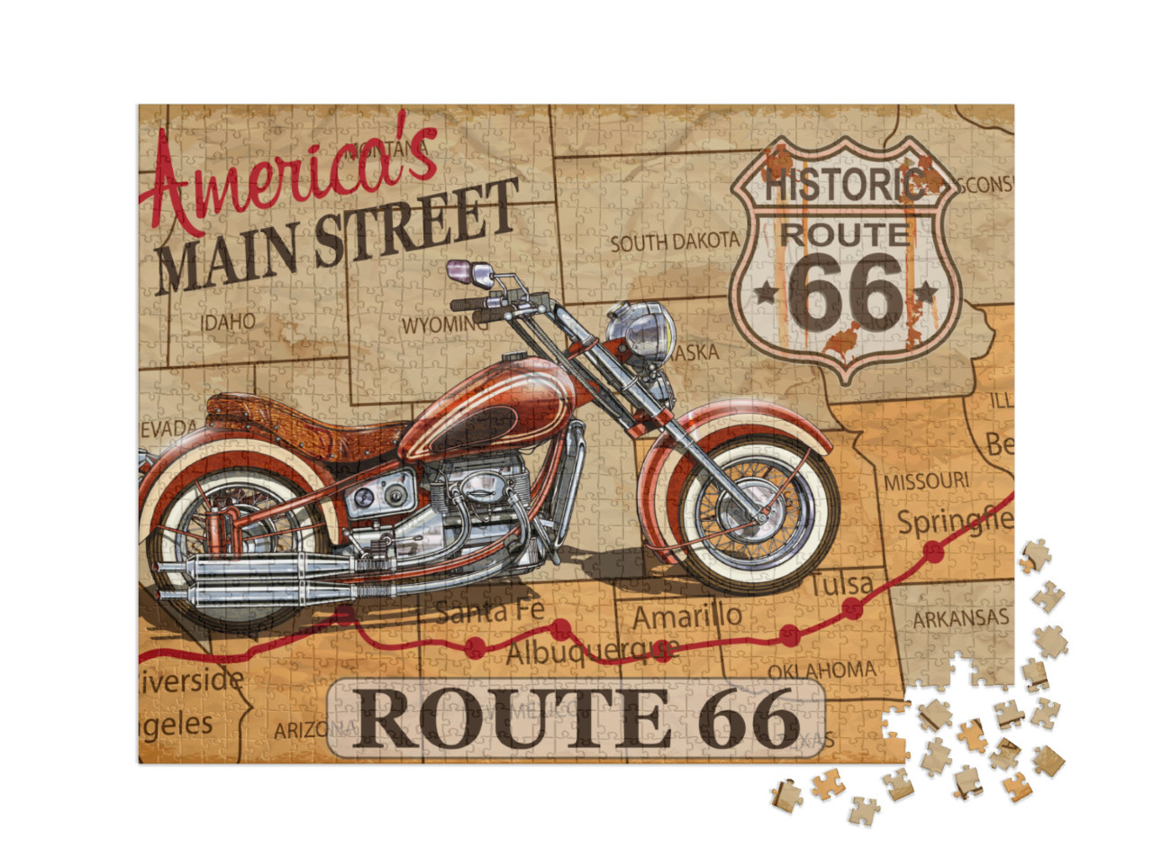 Puzzle 1000 pièces XXL « Poster moto vintage : Route 66 »