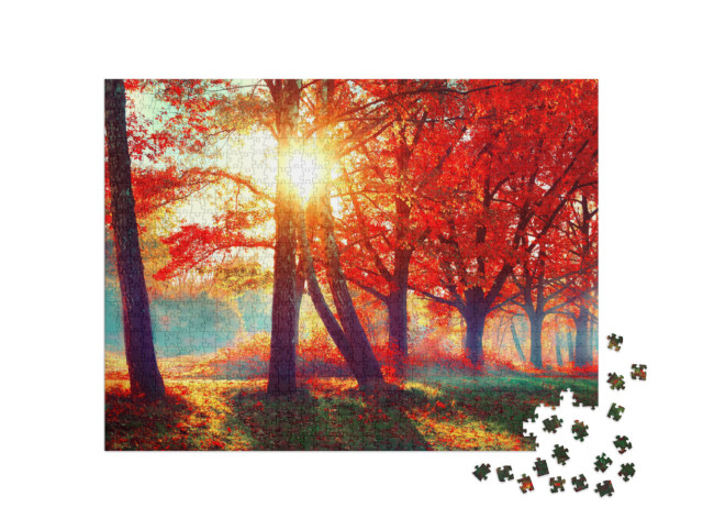 Puzzle de 1000 pièces « Feuilles rouges sous la lumière dorée du soleil d'automne »