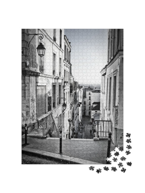 Puzzle de 1000 pièces « Escalier sur la colline de Montmartre - skyline parisien en arrière-plan »