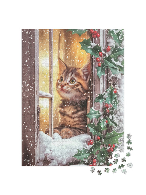 Puzzle de 1000 pièces « Période de Noël : un chaton regarde par la fenêtre hivernale »