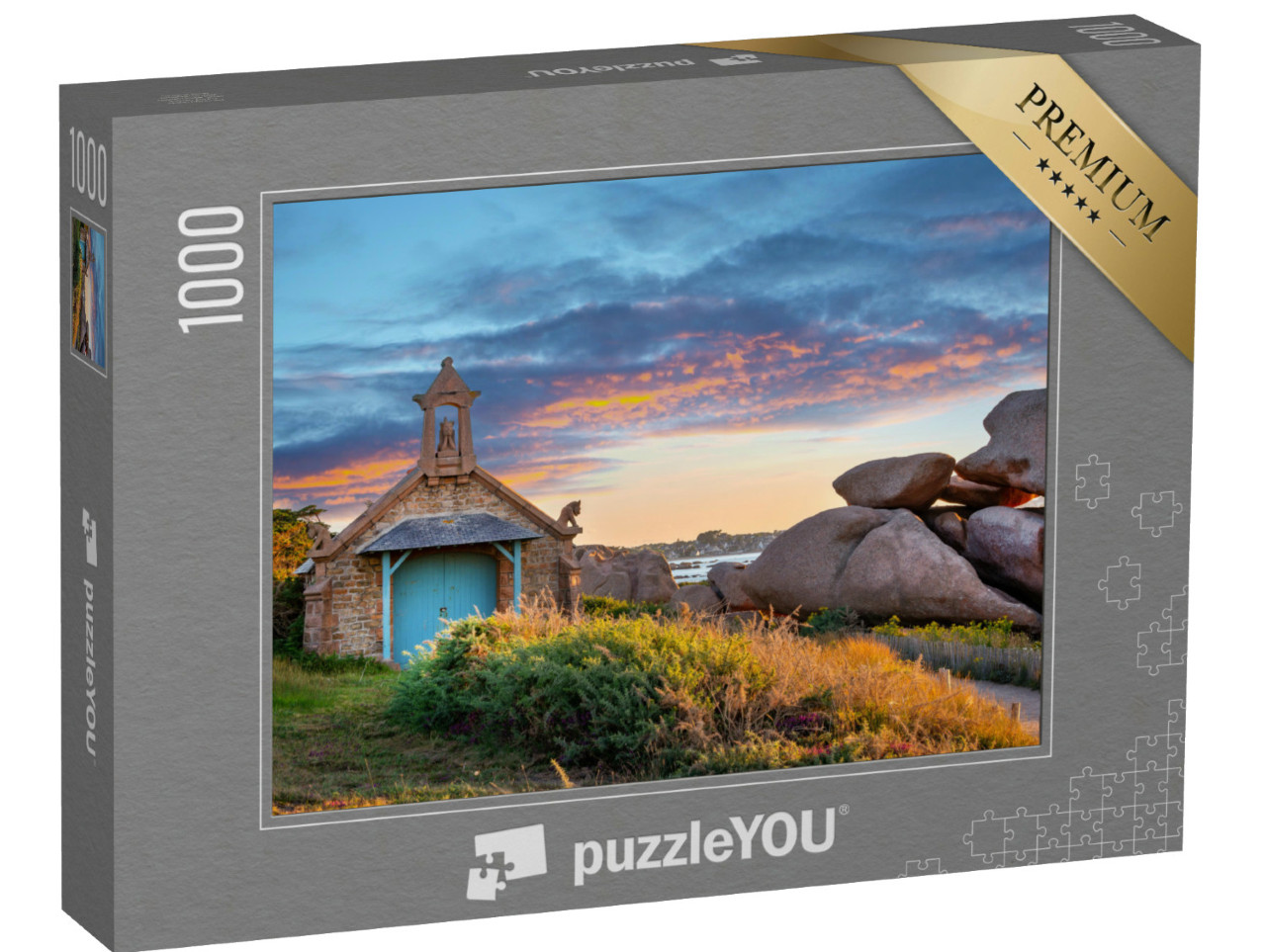 Puzzle de 1000 pièces « Chapelle près de Ploumanach au coucher du soleil à Perros-Guirec, Côtes d'Armor, Bretagne, France »