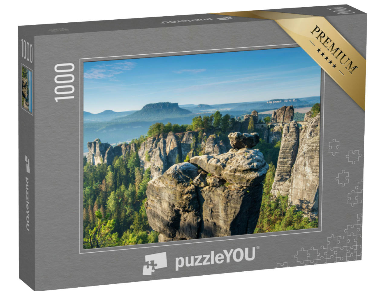 Puzzle de 1000 pièces « Pont de Bastei et formations rocheuses dans la vallée de l'Elbe, Parc national de la Suisse saxonne »