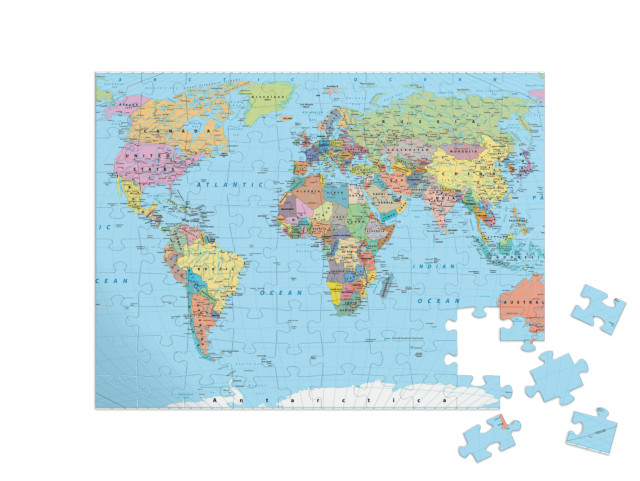 Puzzle de 100 pièces « Carte du monde en couleur - frontières, pays, routes et villes »