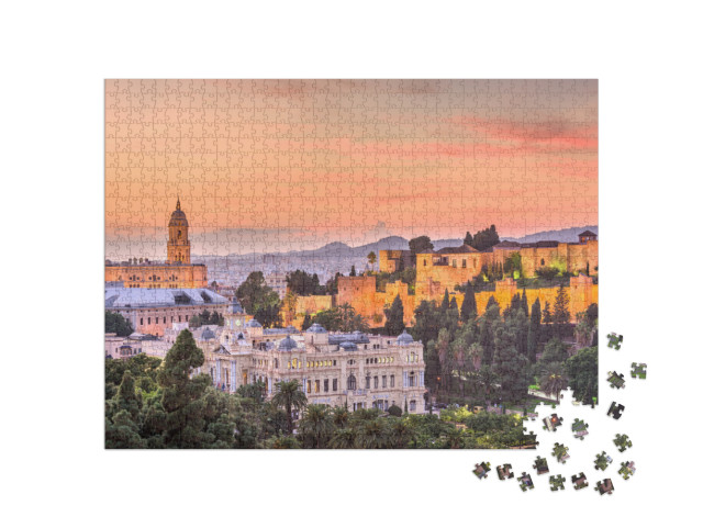 Puzzle de 1000 pièces « Skyline de Malaga au crépuscule, Espagne »